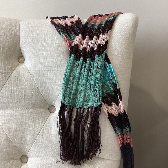 Boho Knit Multicolor Fringe Scarf – 80" Long (96" w/ Tassels) – Soft Open-Weave - Picture 2 of 6